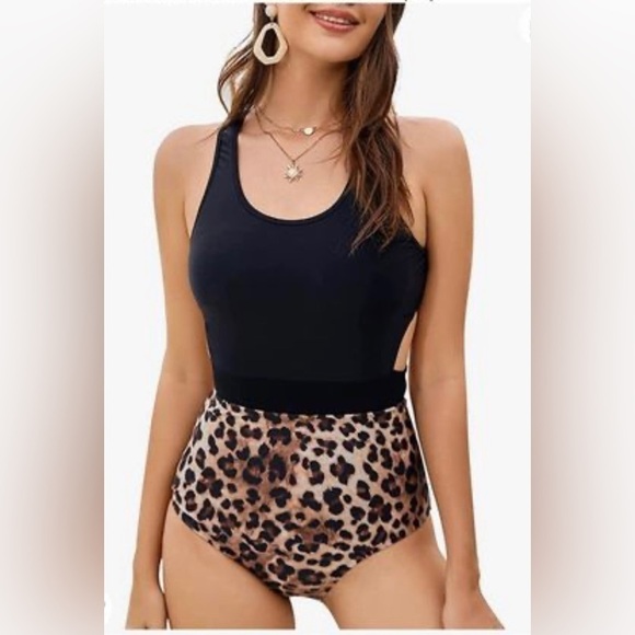 LEOPARD Print High Waisted Cutout Racerback Zip Up Swimwear - L - Picture 3 of 13